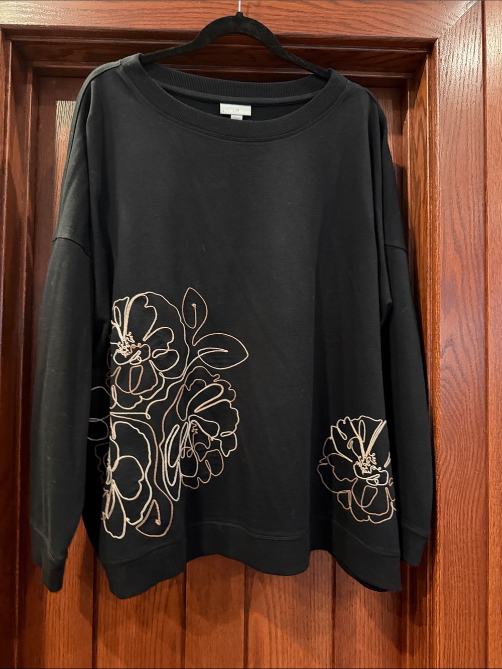 J. Jill Black Sweatshirt with Beige Floral Outline NWT